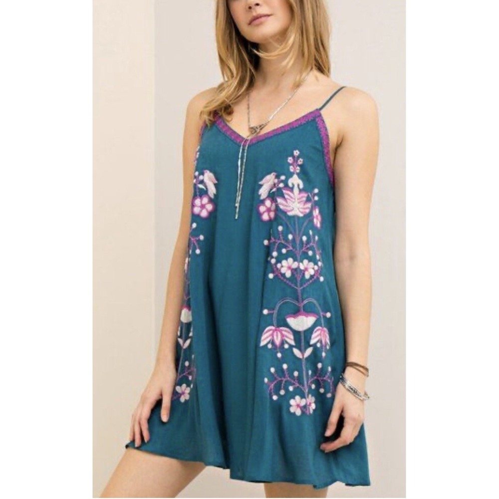 Entro Embroidered Floral Bird Spaghetti Strap A-Line Mini Dress Teal Blue Small